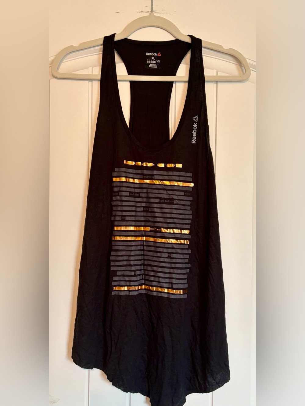 Reebok Black Tank Top with Metallic Gold Stripes
